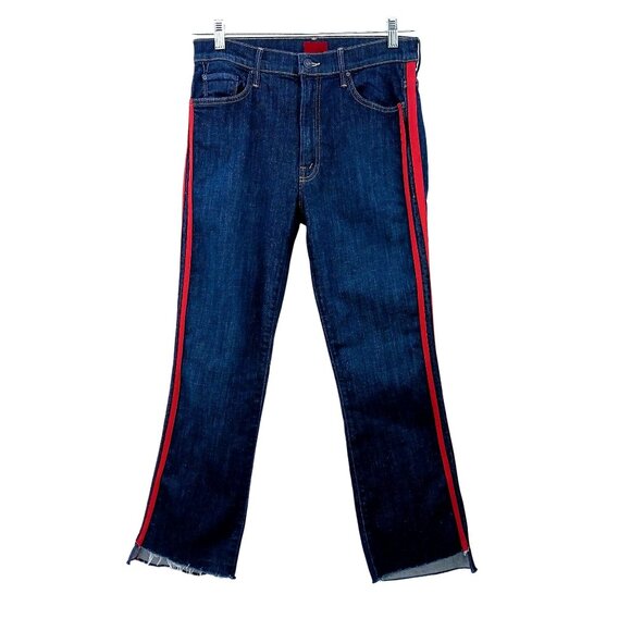 Mother Insider Crop Step Fray Jeans 30 Speed Racer Red Stripe Raw Hem Denim - Picture 5 of 14